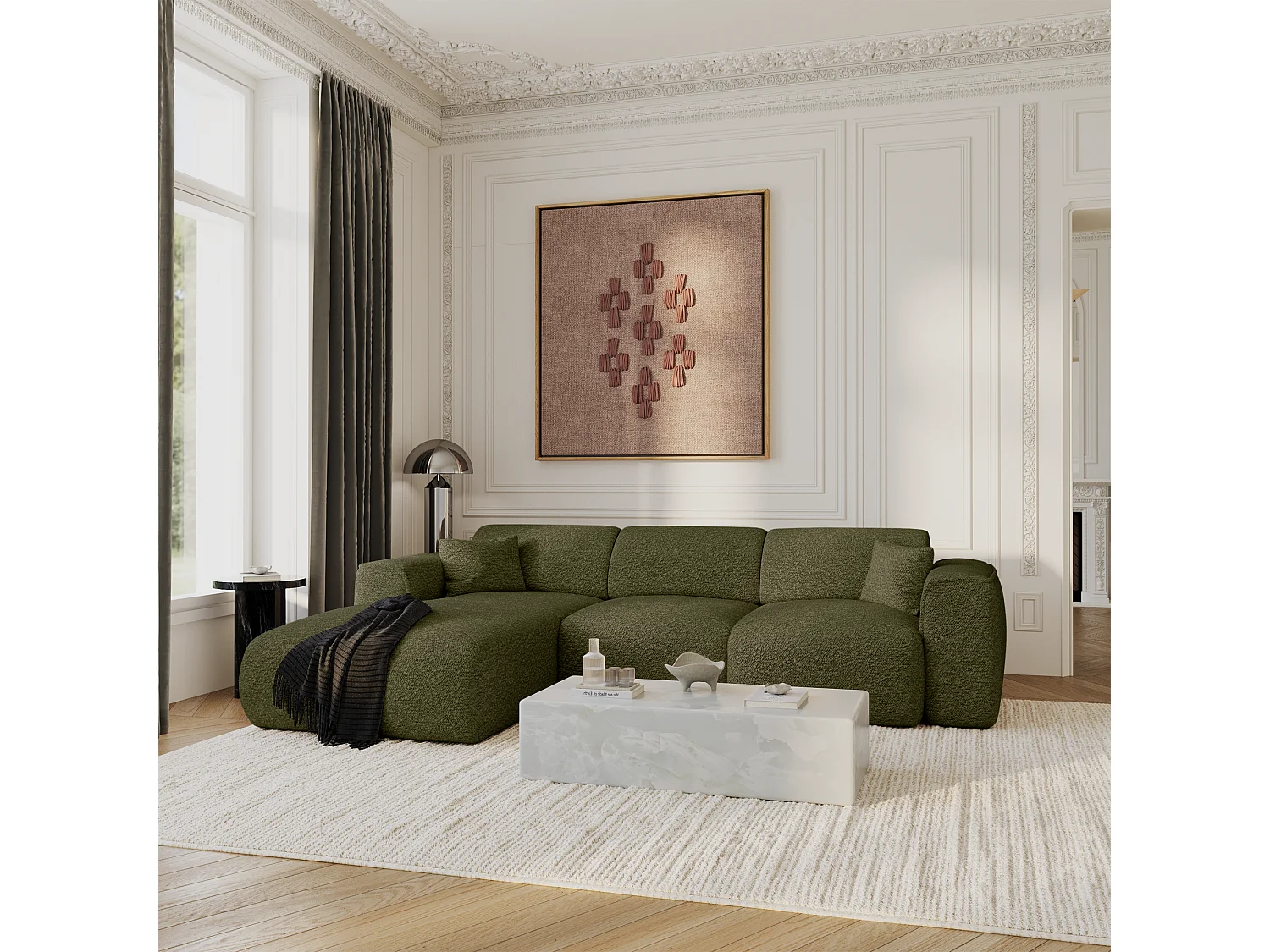 Canapé convertible angle gauche 5 places bouclette vert olive YUMA