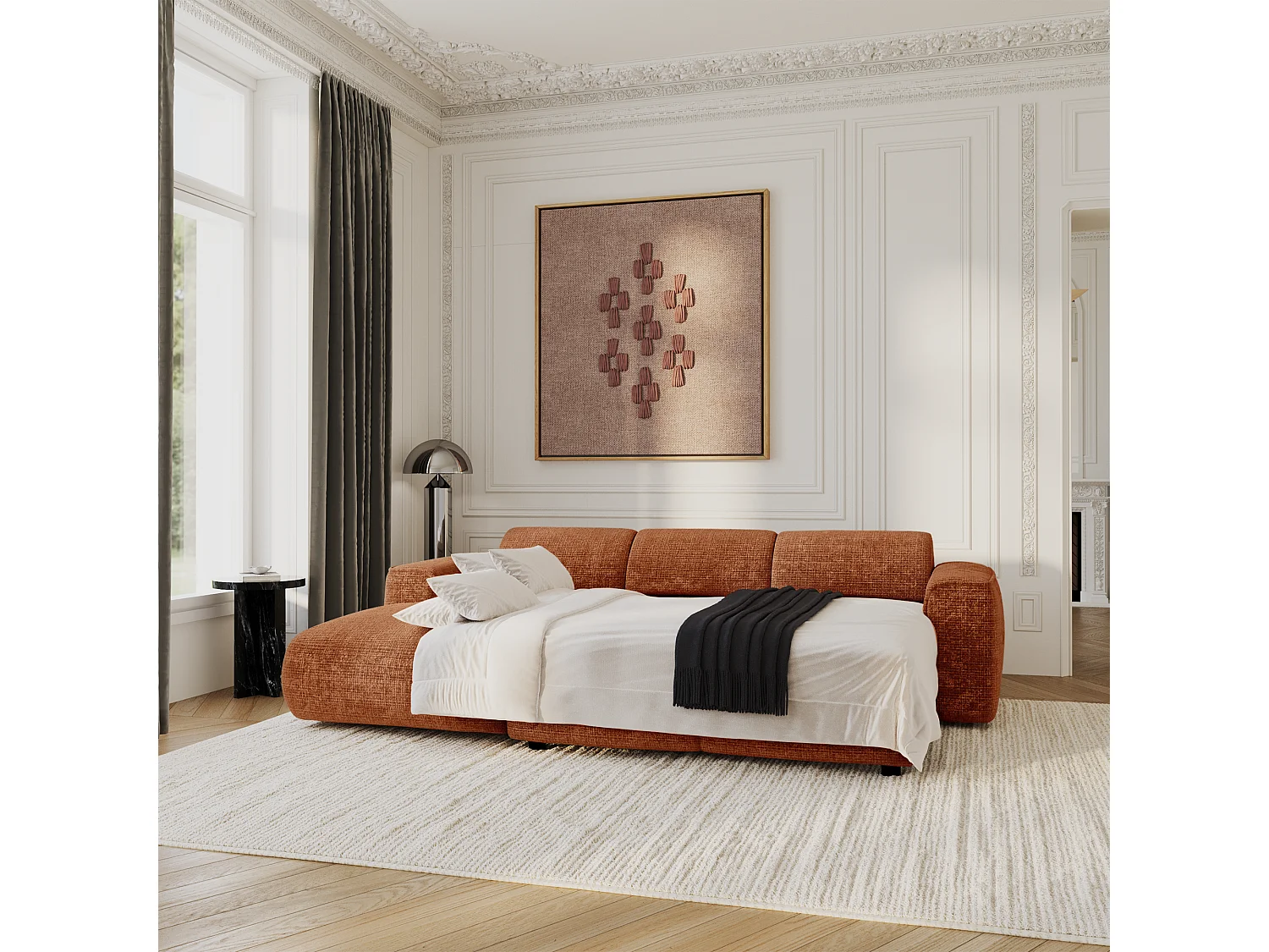 Canapé convertible angle gauche 5 places velours gaufré terracotta YUMA