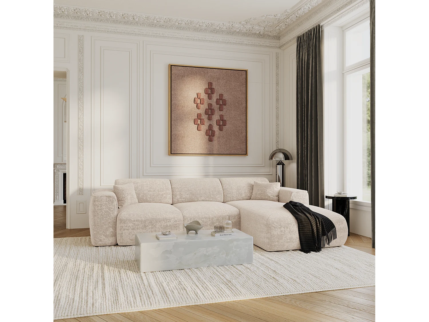 Canapé convertible angle droit 5 places velours gaufré crème YUMA