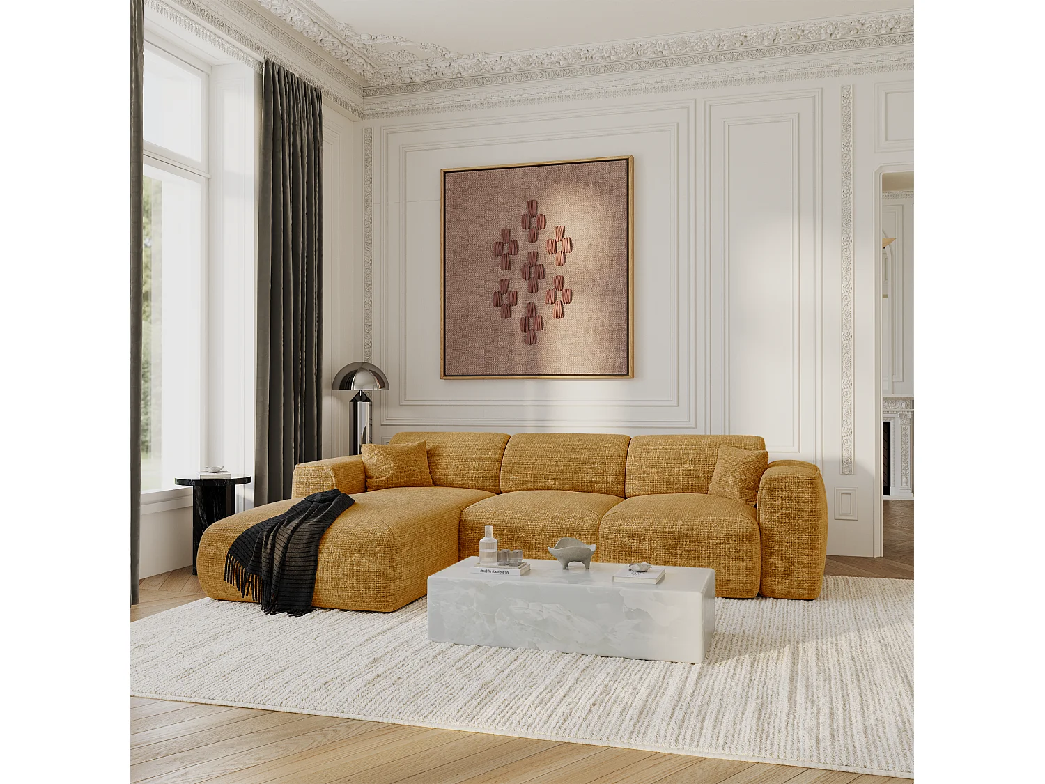 Canapé convertible angle gauche 5 places velours gaufré moutarde YUMA