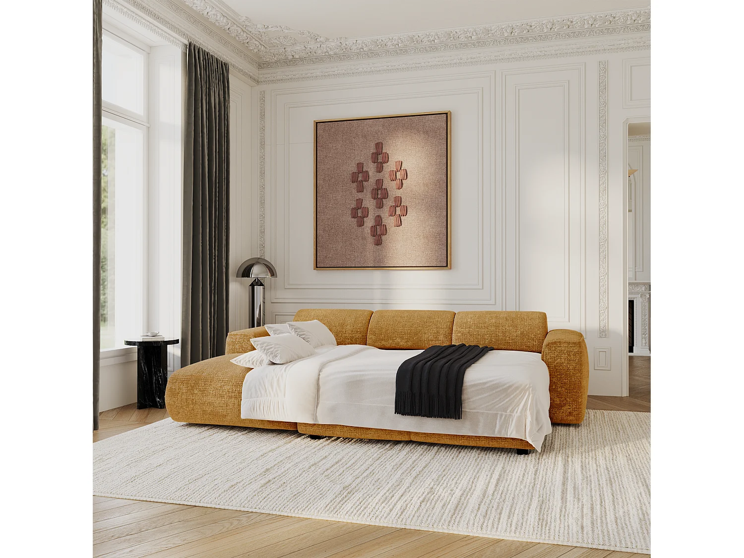 Canapé convertible angle gauche 5 places velours gaufré moutarde YUMA