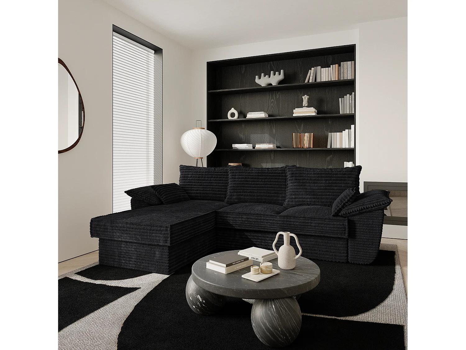 Canapé d'angle gauche convertible velours côtelé XXL noir 257cm SASHA