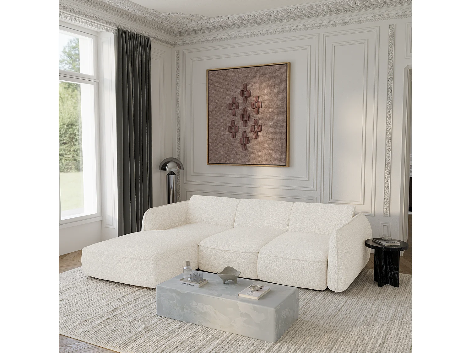 Canapé d'angle gauche convertible 4 places tissu bouclette crème LIVIA