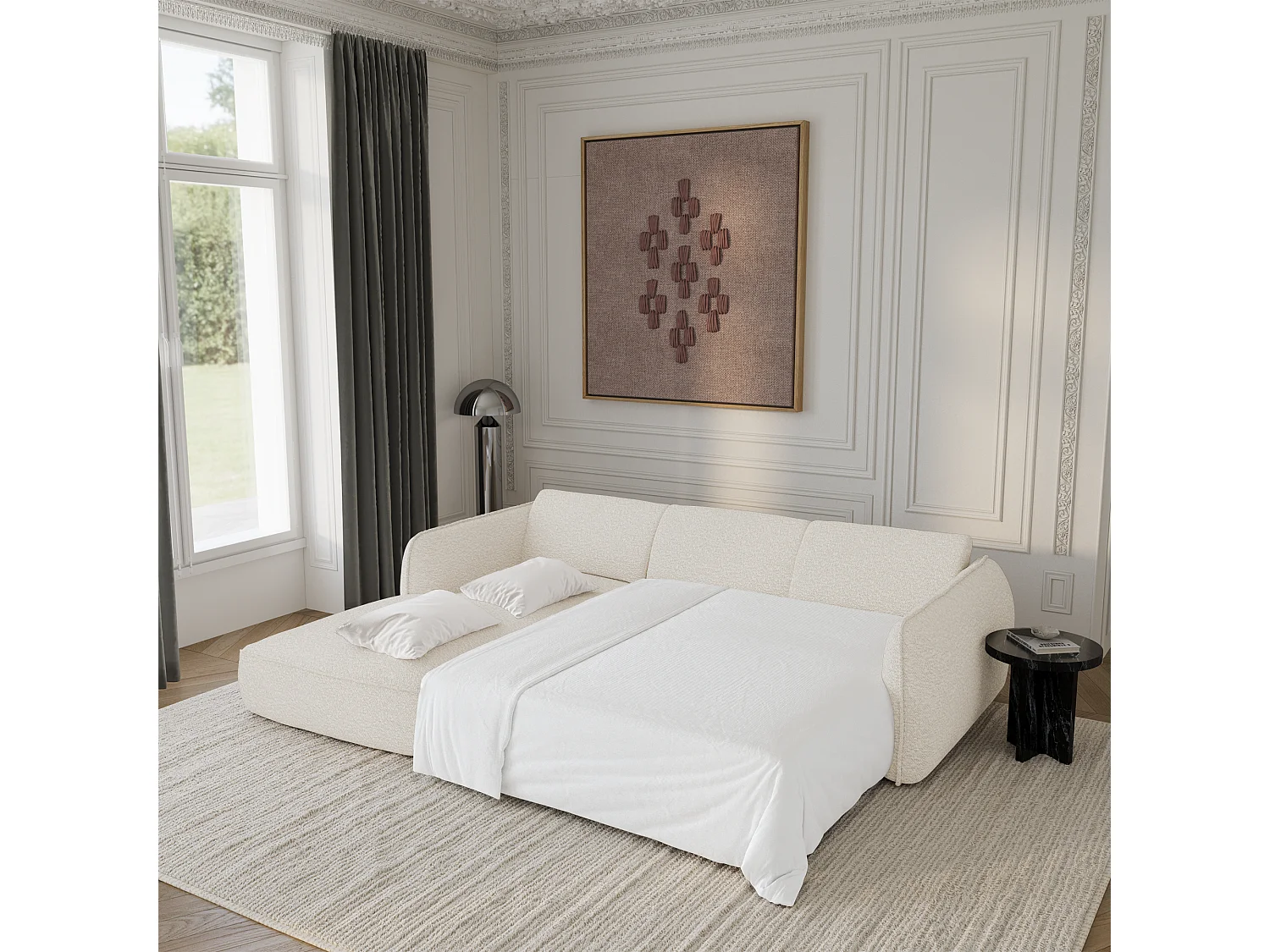 Canapé d'angle gauche convertible 4 places tissu bouclette crème LIVIA