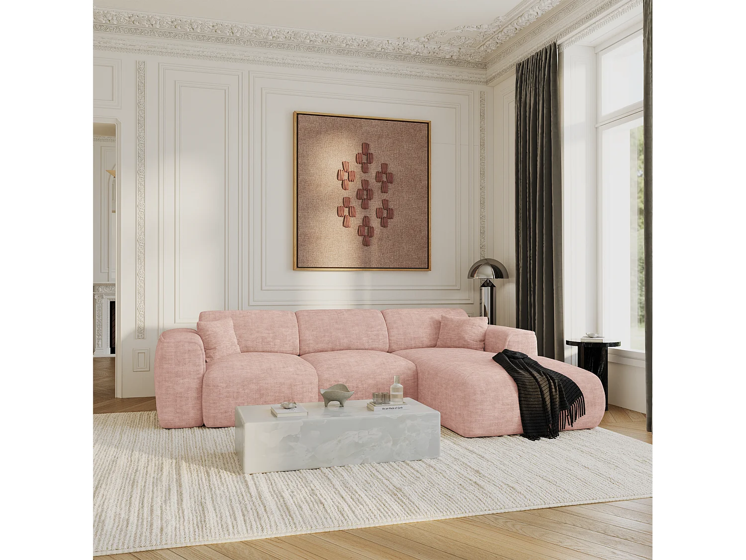 Canapé convertible angle droit 5 places velours texturé rose vintage YUMA