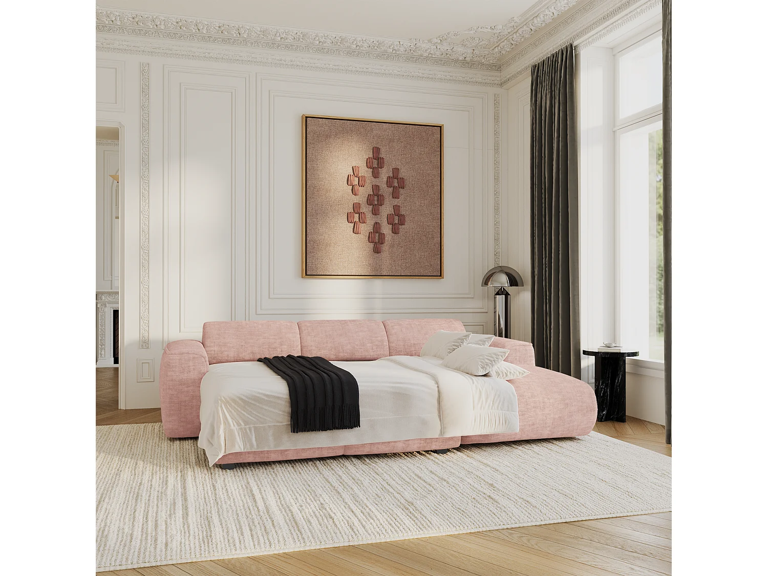 Canapé convertible angle droit 5 places velours texturé rose vintage YUMA