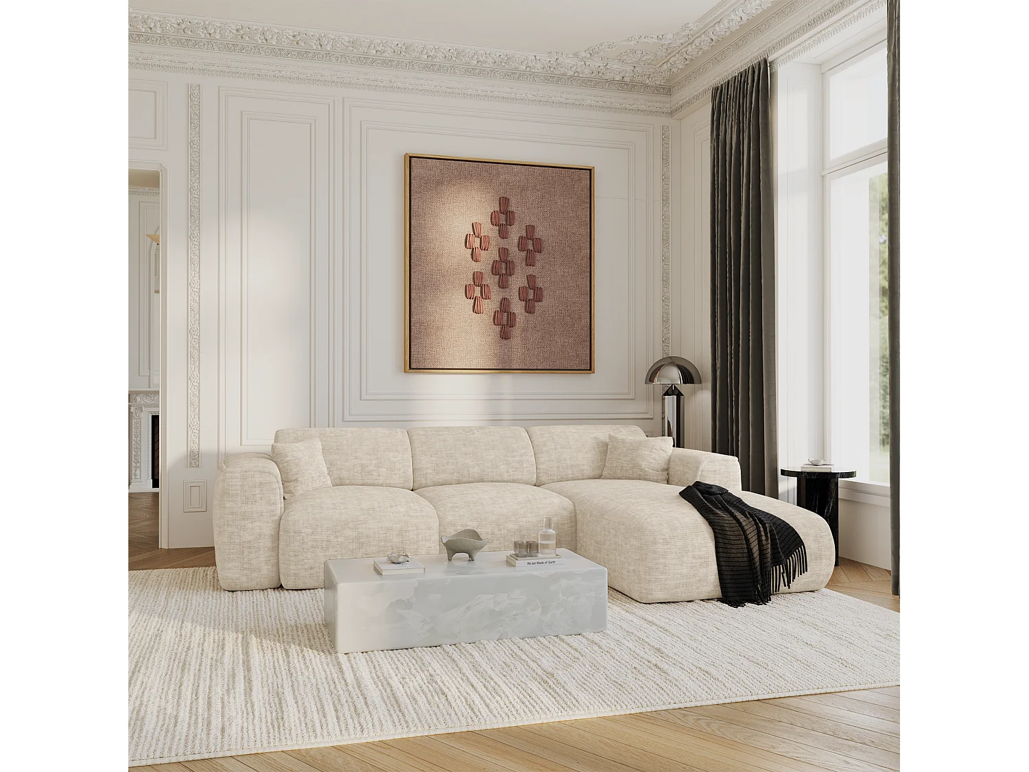 Canapé convertible angle droit 5 places velours texturé beige YUMA