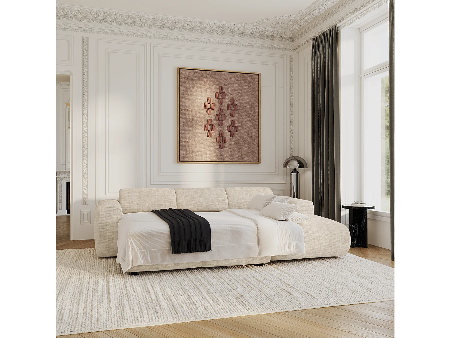 Canapé convertible angle droit 5 places velours texturé beige YUMA