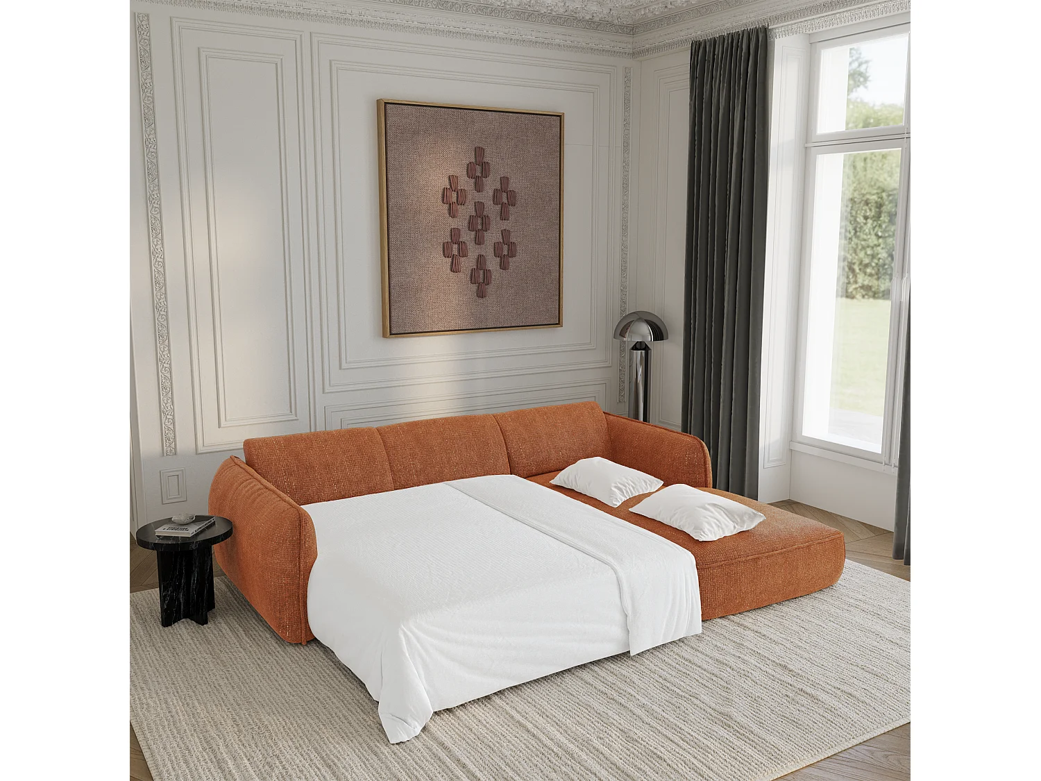 Canapé d'angle droit convertible 4 places velours tramé terracotta LIVIA