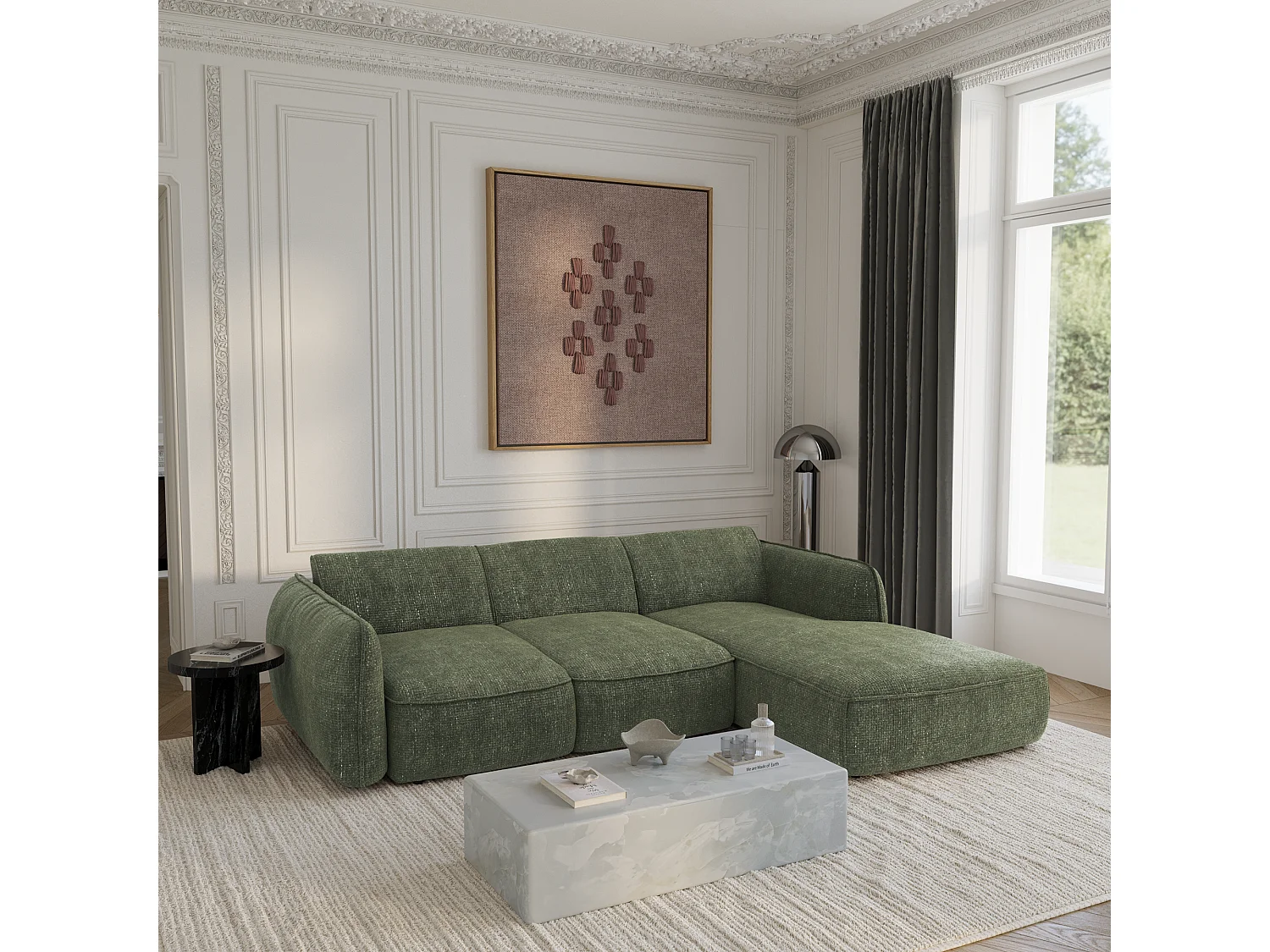 Canapé d'angle droit convertible 4 places velours tramé vert olive LIVIA