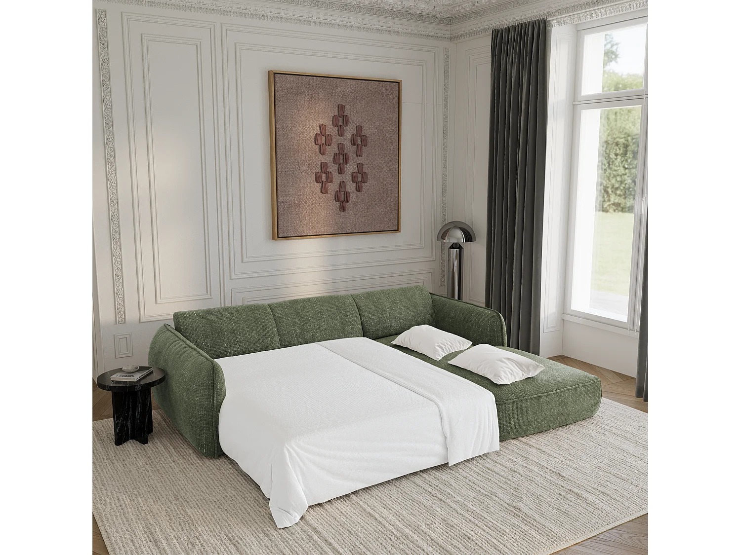 Canapé d'angle droit convertible 4 places velours tramé vert olive LIVIA