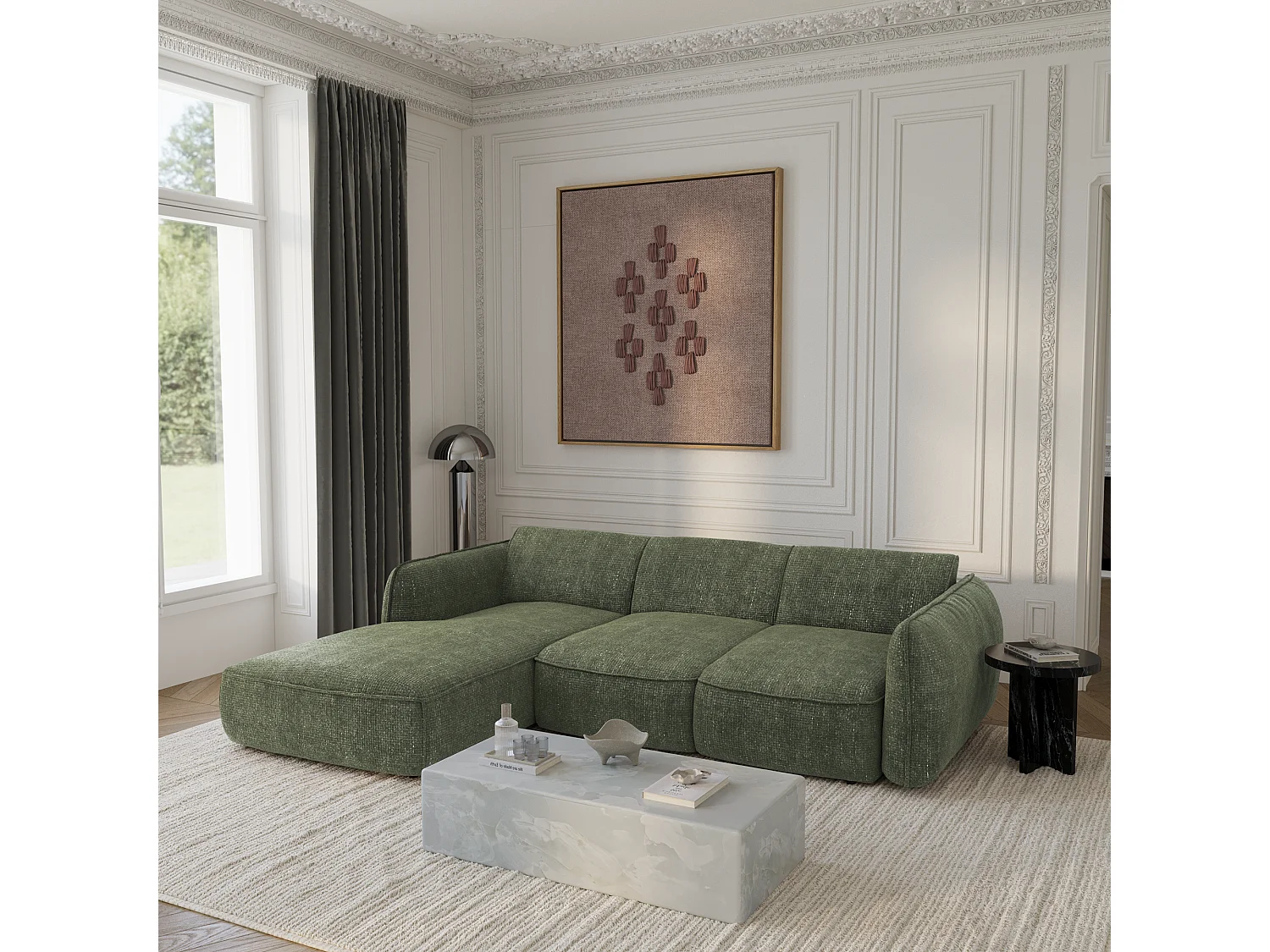 Canapé d'angle gauche convertible 4 places velours tramé vert olive LIVIA