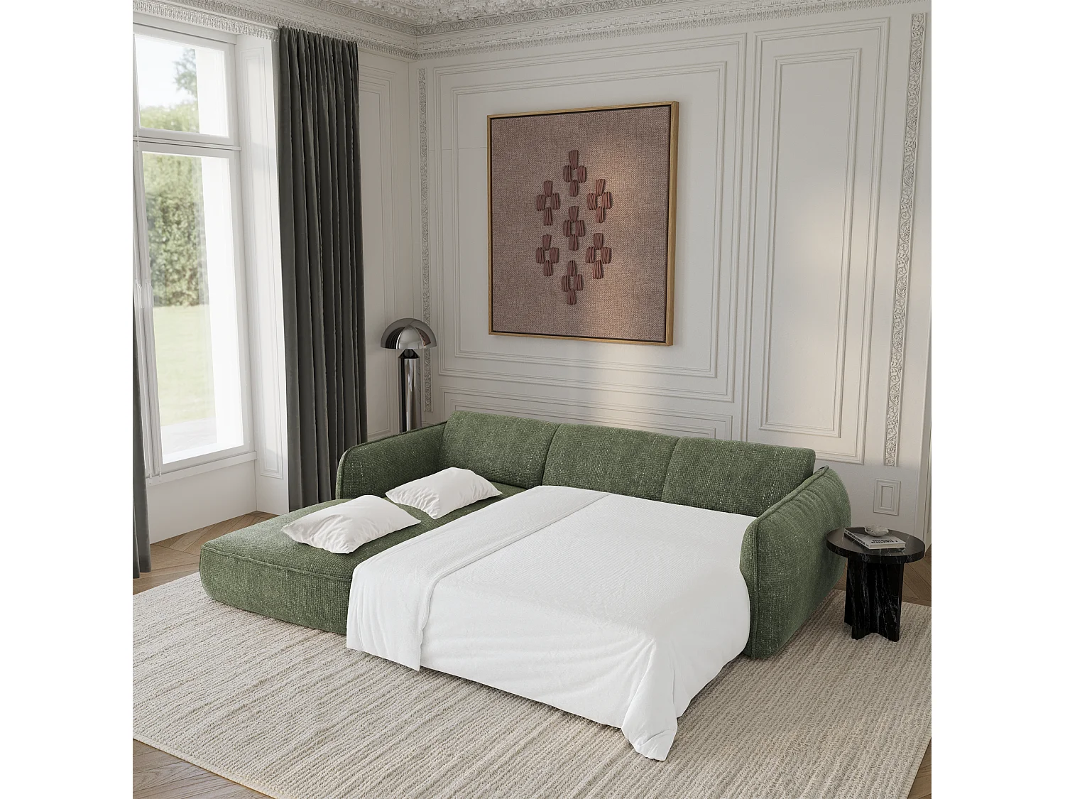 Canapé d'angle gauche convertible 4 places velours tramé vert olive LIVIA