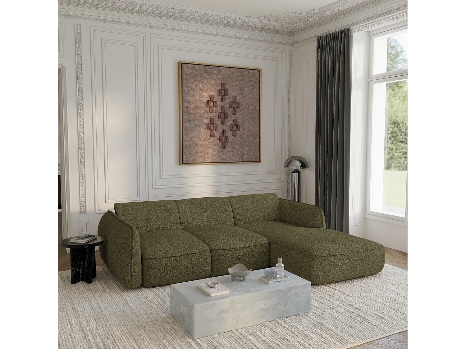 Canapé d'angle droit convertible 4 places tissu bouclette vert olive LIVIA