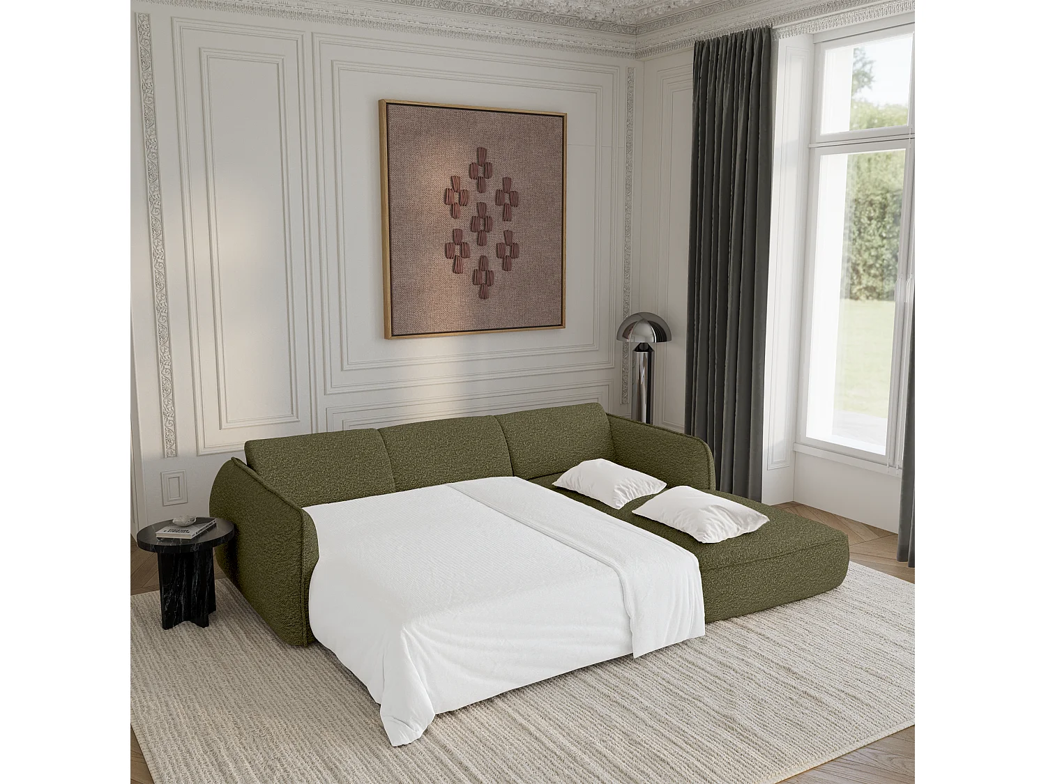 Canapé d'angle droit convertible 4 places tissu bouclette vert olive LIVIA