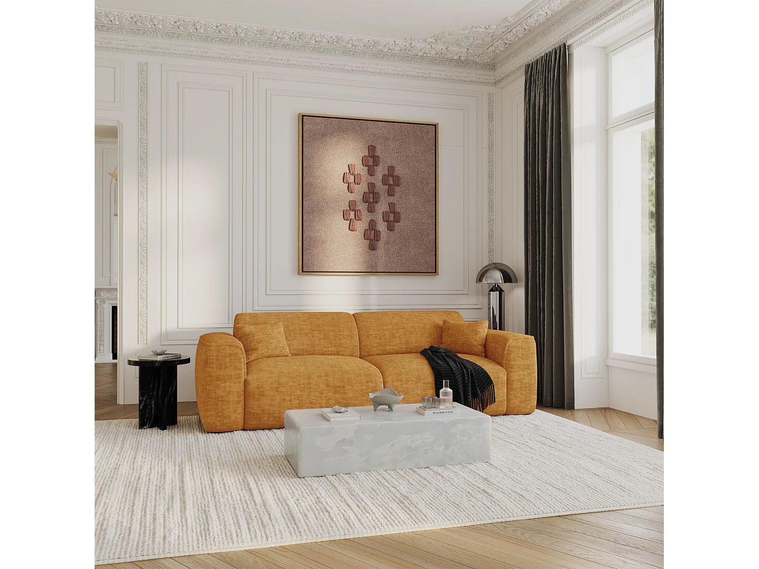 Canapé convertible 4 places velours texturé moutarde YUMA