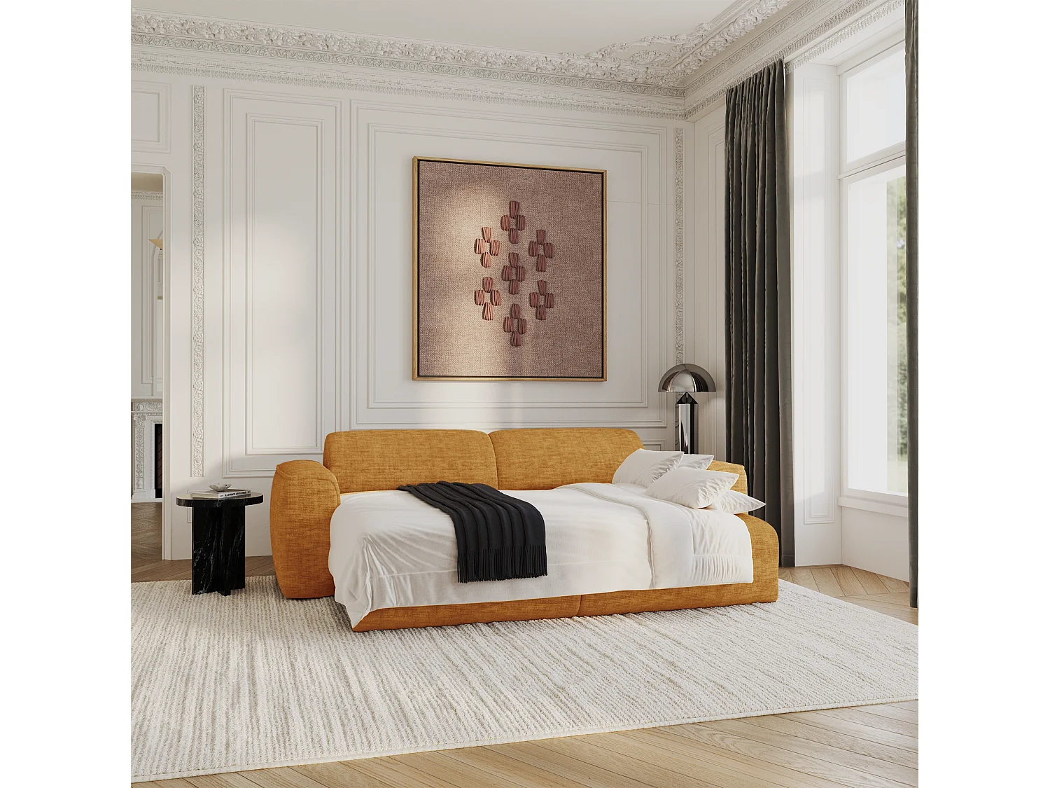 Canapé convertible 4 places velours texturé moutarde YUMA