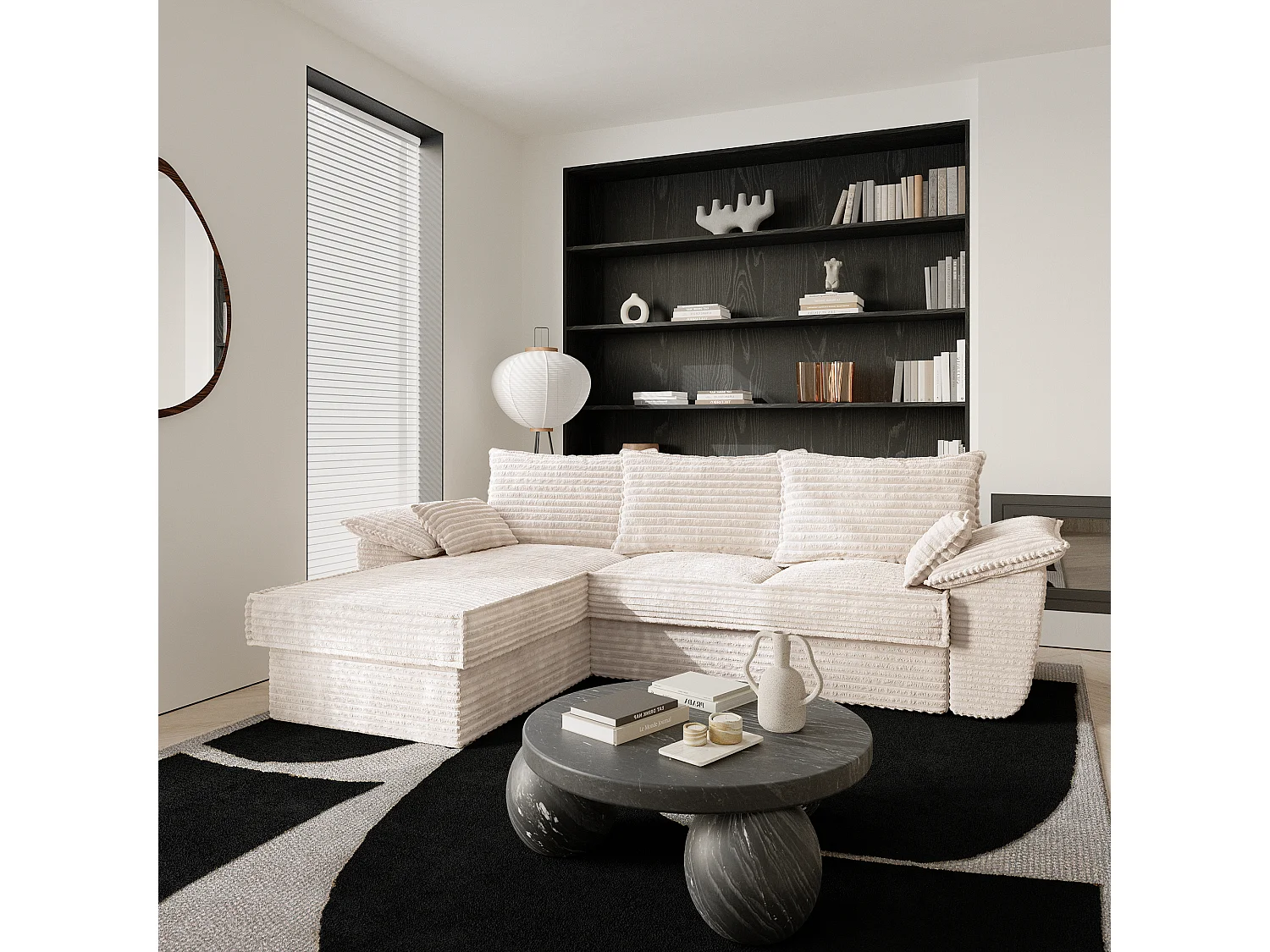 Canapé d'angle gauche convertible velours côtelé XXL crème 257cm SASHA