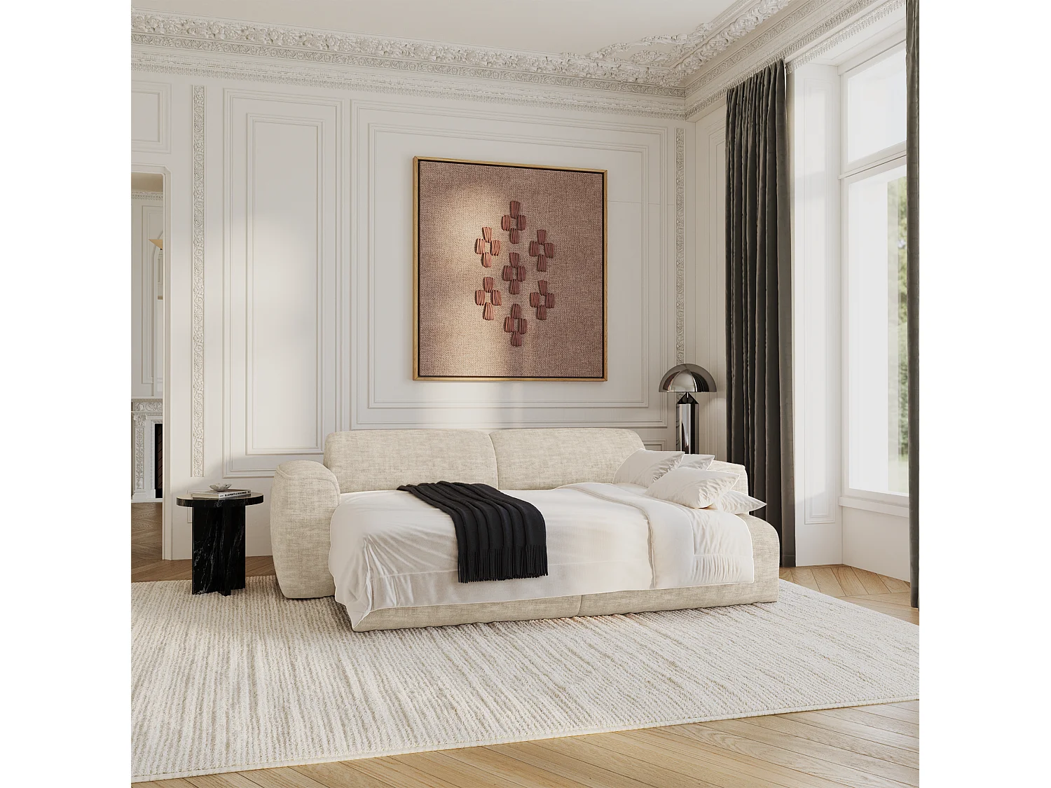 Canapé convertible 4 places velours texturé beige YUMA