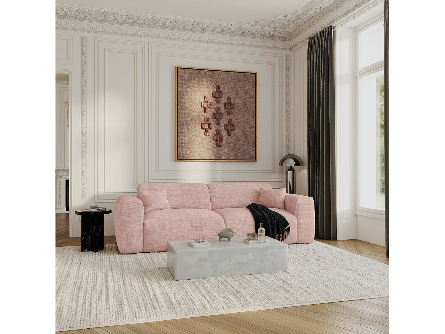 Canapé convertible 4 places velours texturé rose vintage YUMA