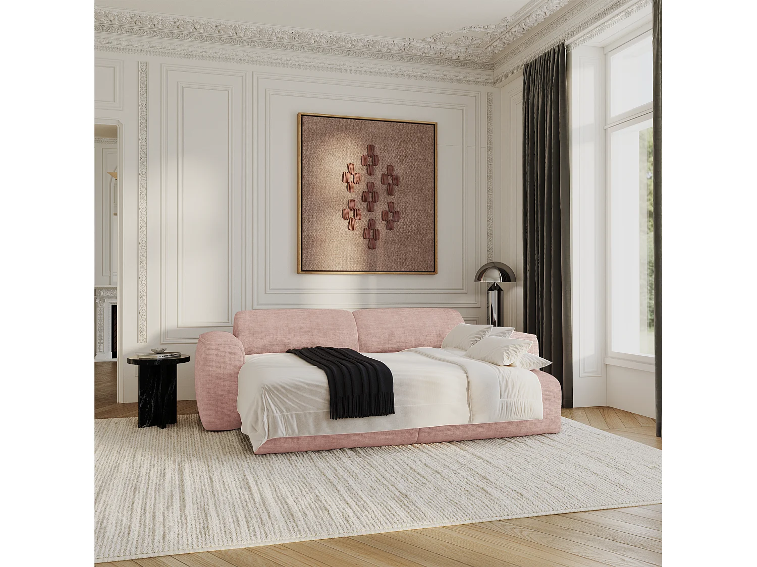 Canapé convertible 4 places velours texturé rose vintage YUMA