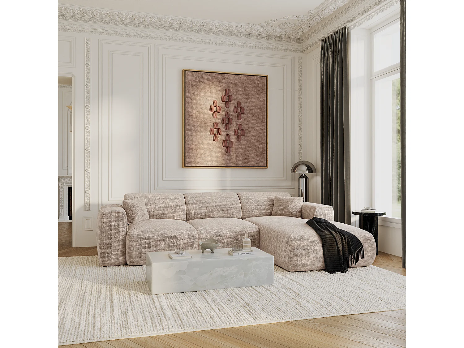 Canapé convertible angle droit 5 places YUMA en velours gaufré beige