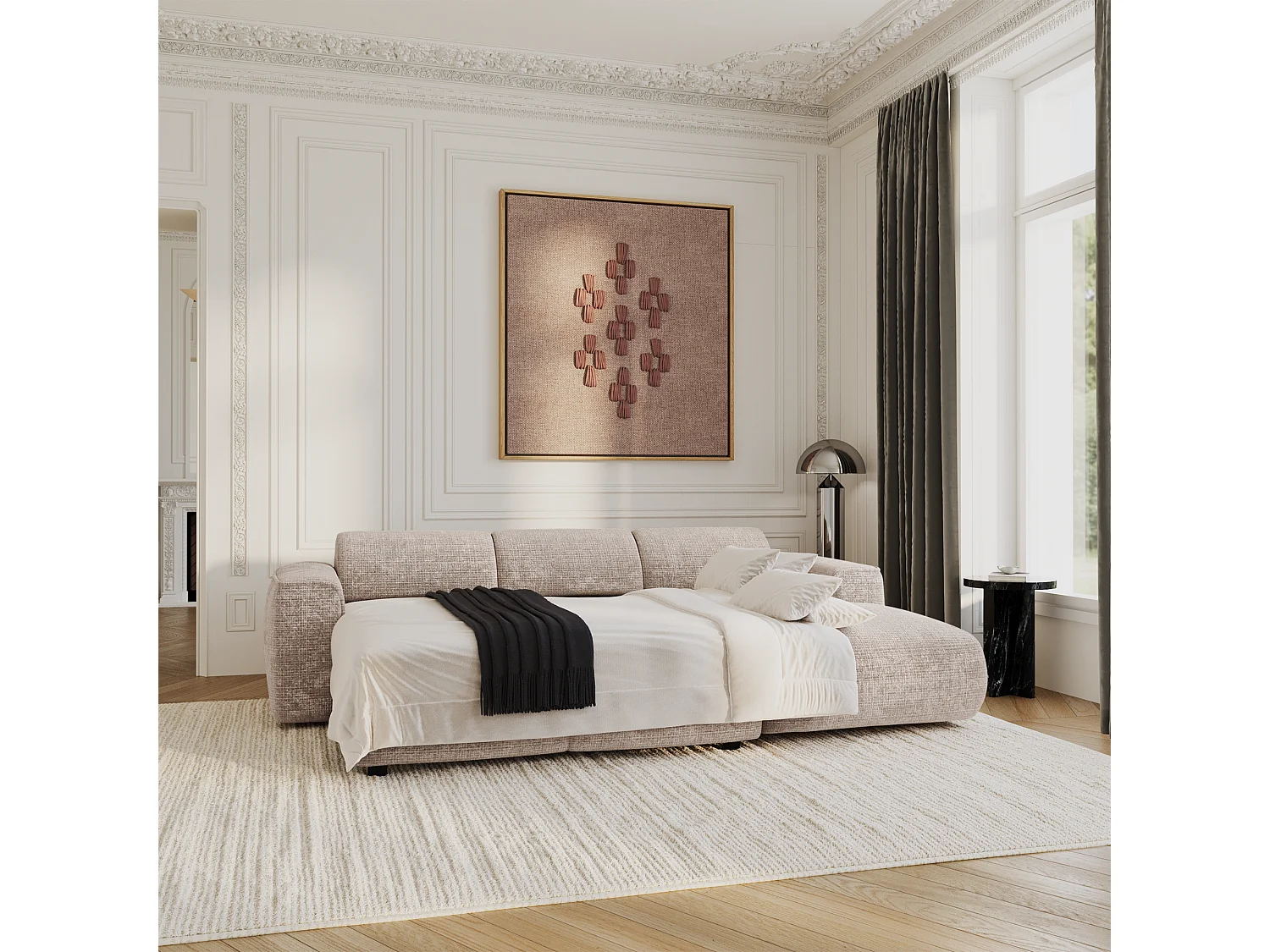 Canapé convertible angle droit 5 places YUMA en velours gaufré beige