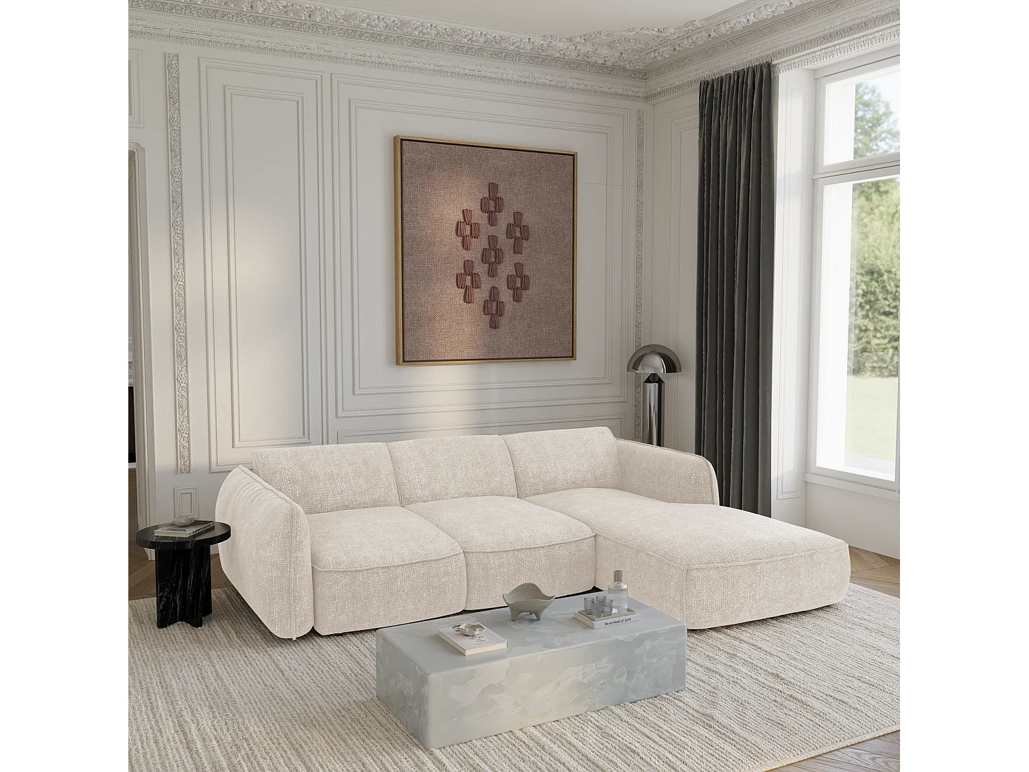 Canapé d'angle droit convertible 4 places velours tramé crème LIVIA