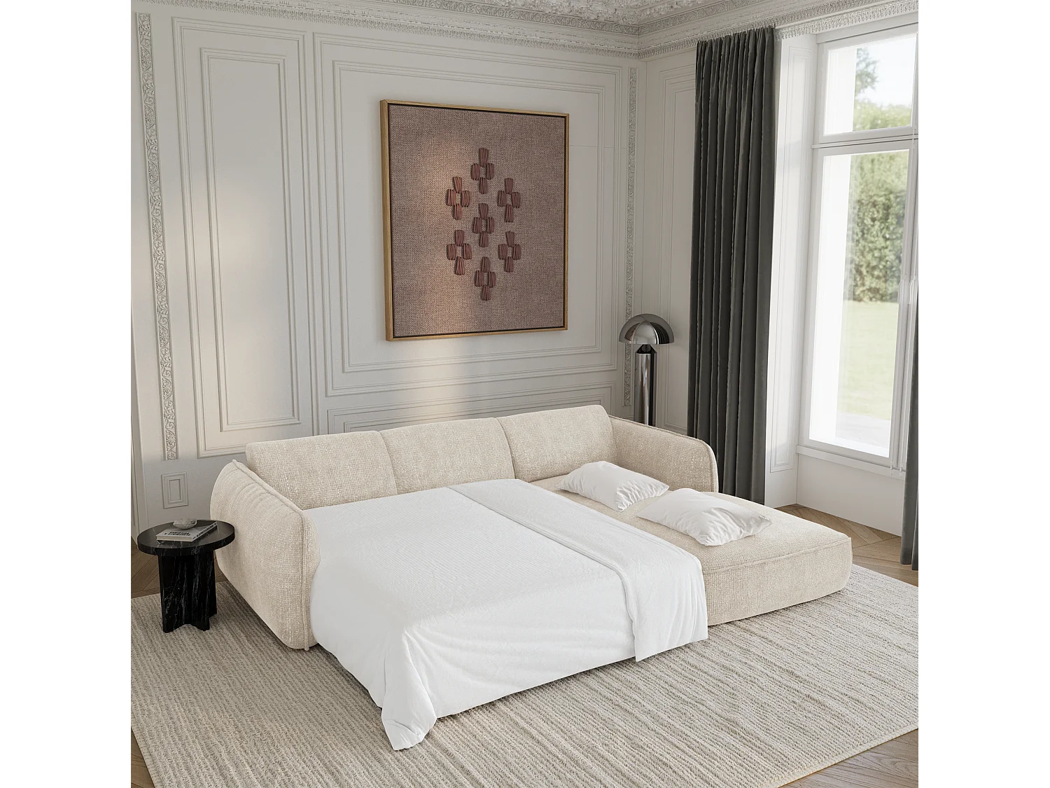 Canapé d'angle droit convertible 4 places velours tramé crème LIVIA