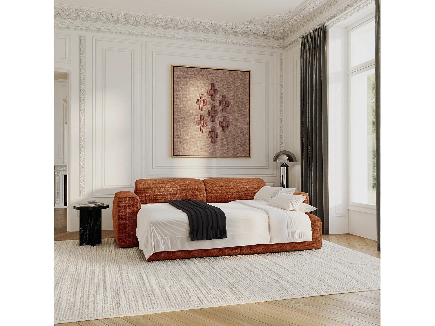 Canapé convertible 4 places velours gaufré terracotta YUMA