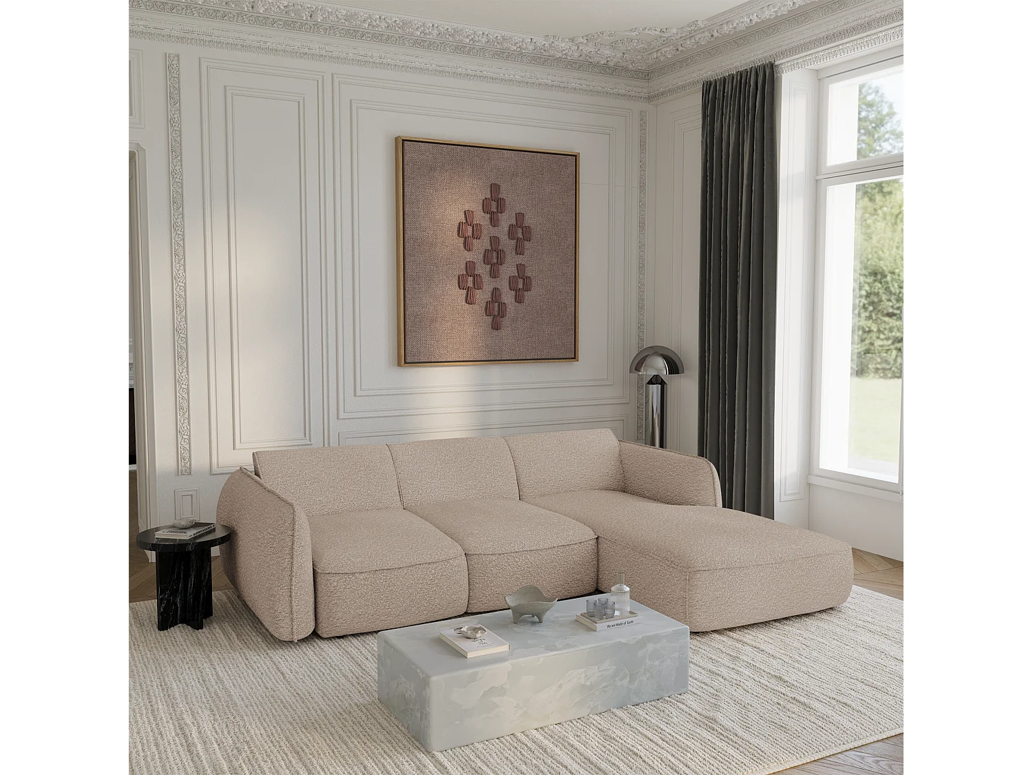 Canapé d'angle droit convertible 4 places tissu bouclette beige LIVIA