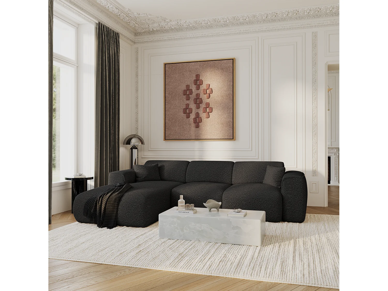 Canapé convertible angle gauche 5 places bouclette noir YUMA