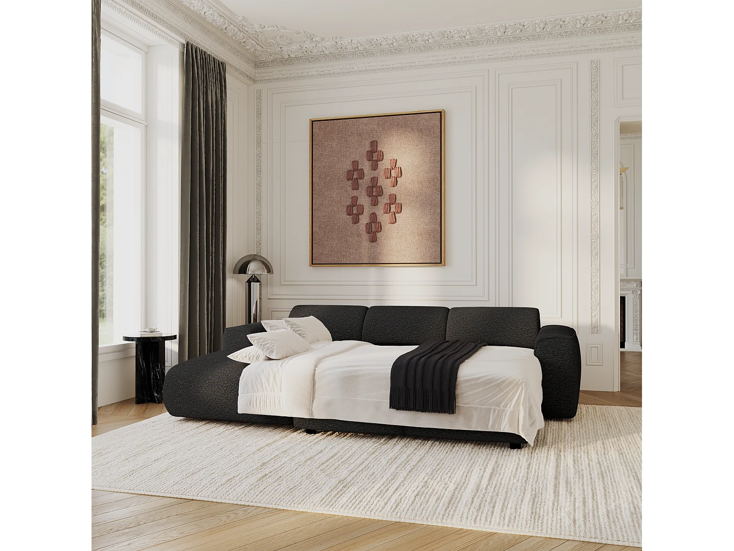 Canapé convertible angle gauche 5 places bouclette noir YUMA