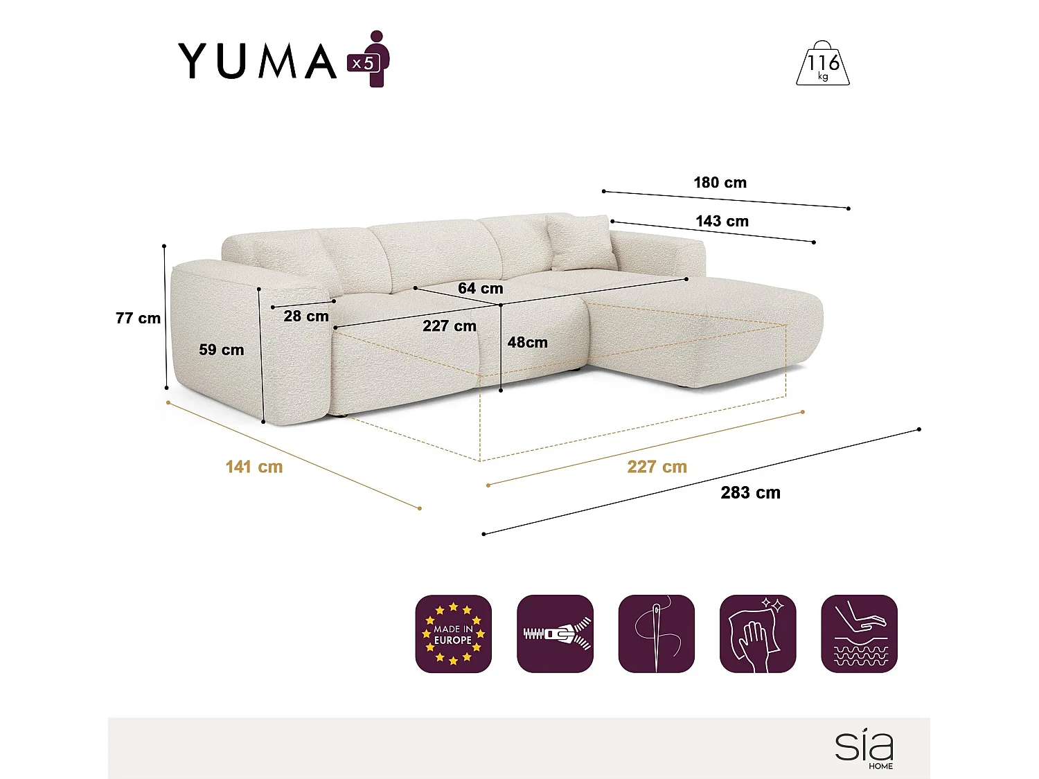 Canapé d'angle droit convertible 5 places en velours taupe YUMA