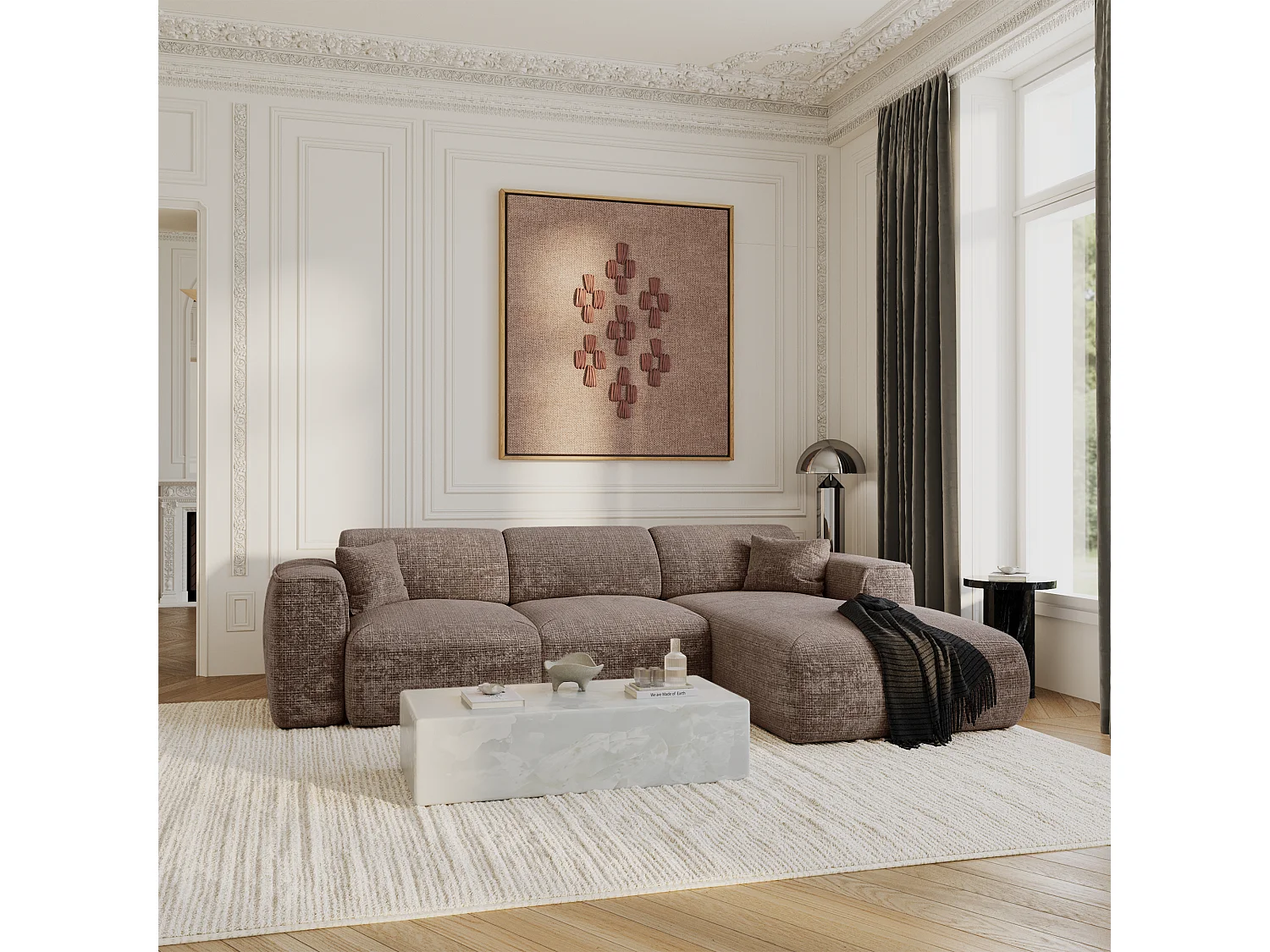 Canapé convertible angle droit 5 places YUMA en velours gaufré taupe