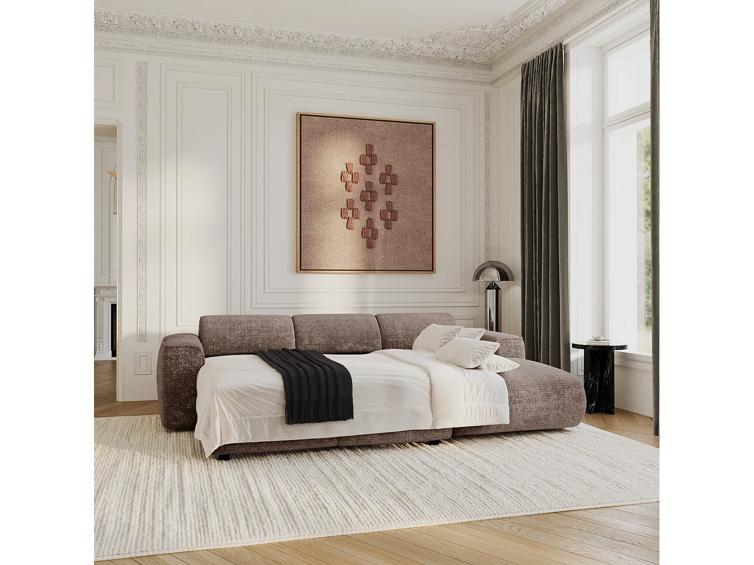 Canapé convertible angle droit 5 places YUMA en velours gaufré taupe