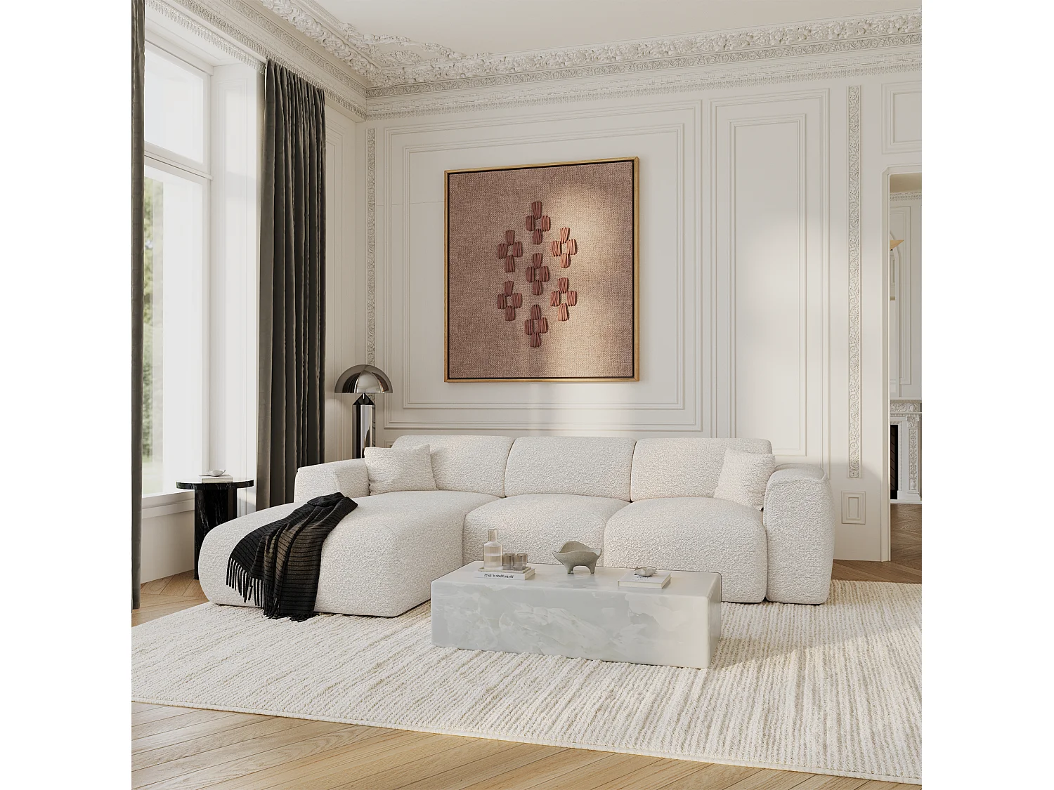 Canapé convertible angle gauche 5 places bouclette crème YUMA