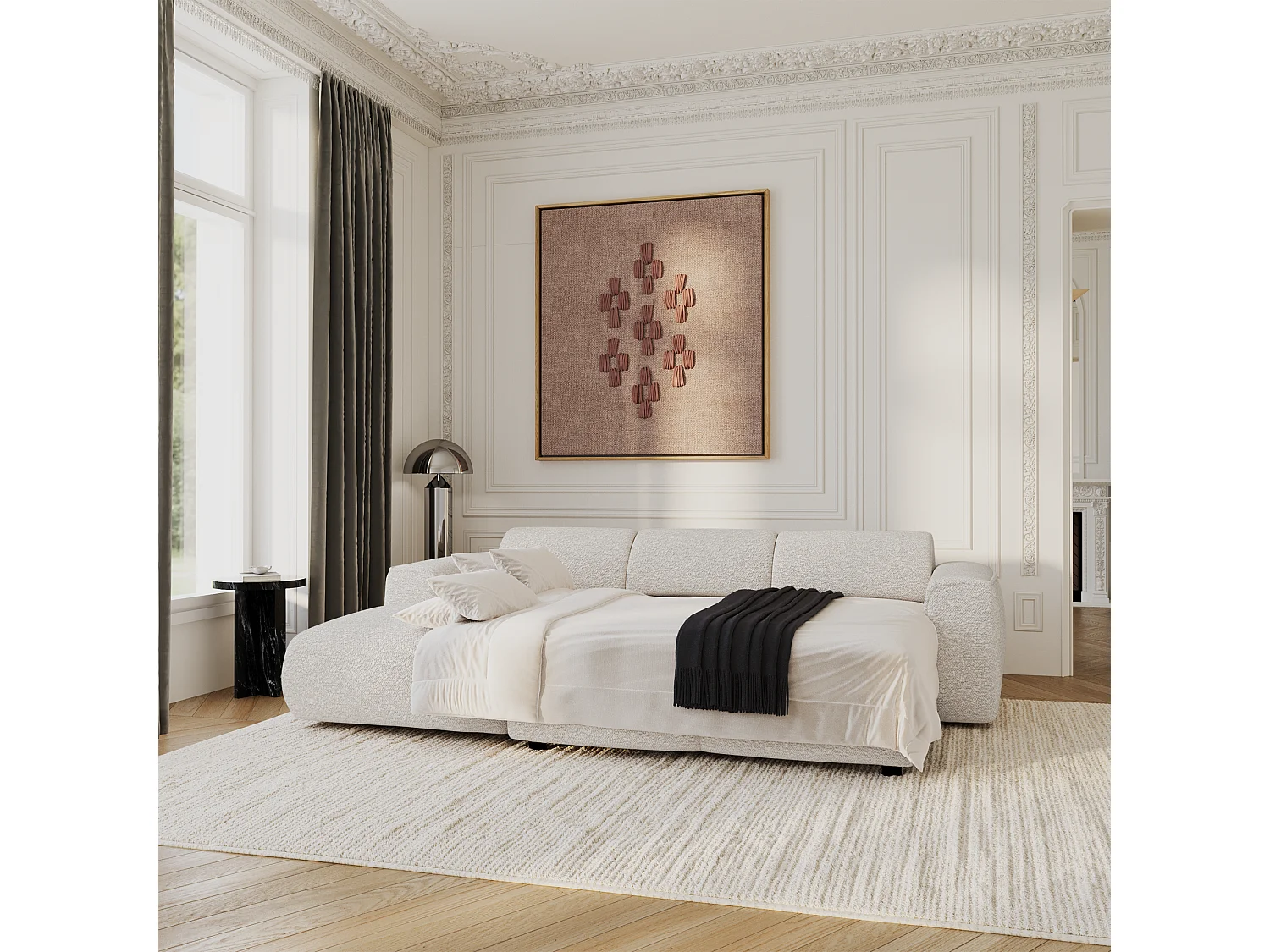 Canapé convertible angle gauche 5 places bouclette crème YUMA