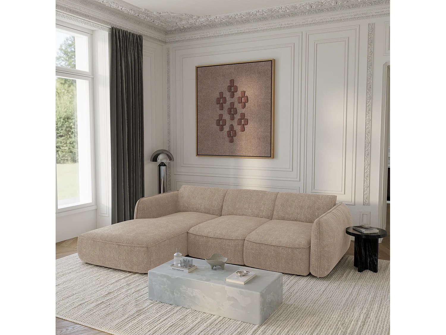 Canapé d'angle gauche convertible 4 places velours tramé beige LIVIA