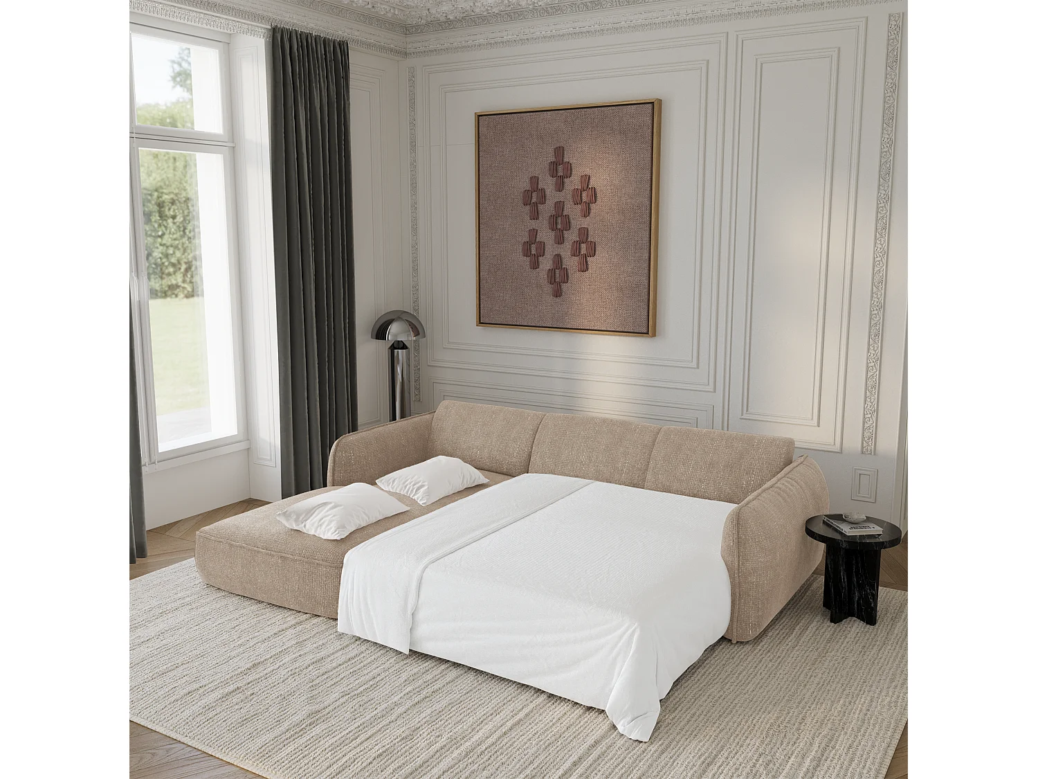 Canapé d'angle gauche convertible 4 places velours tramé beige LIVIA