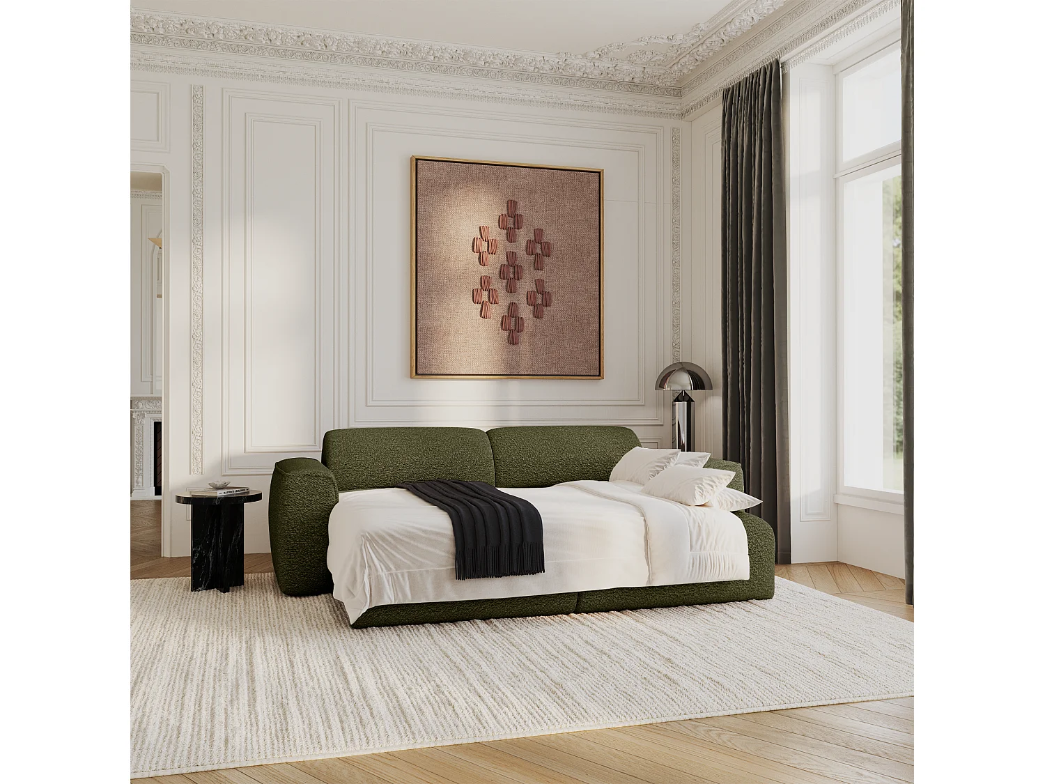 Canapé convertible 4 places bouclette vert olive YUMA