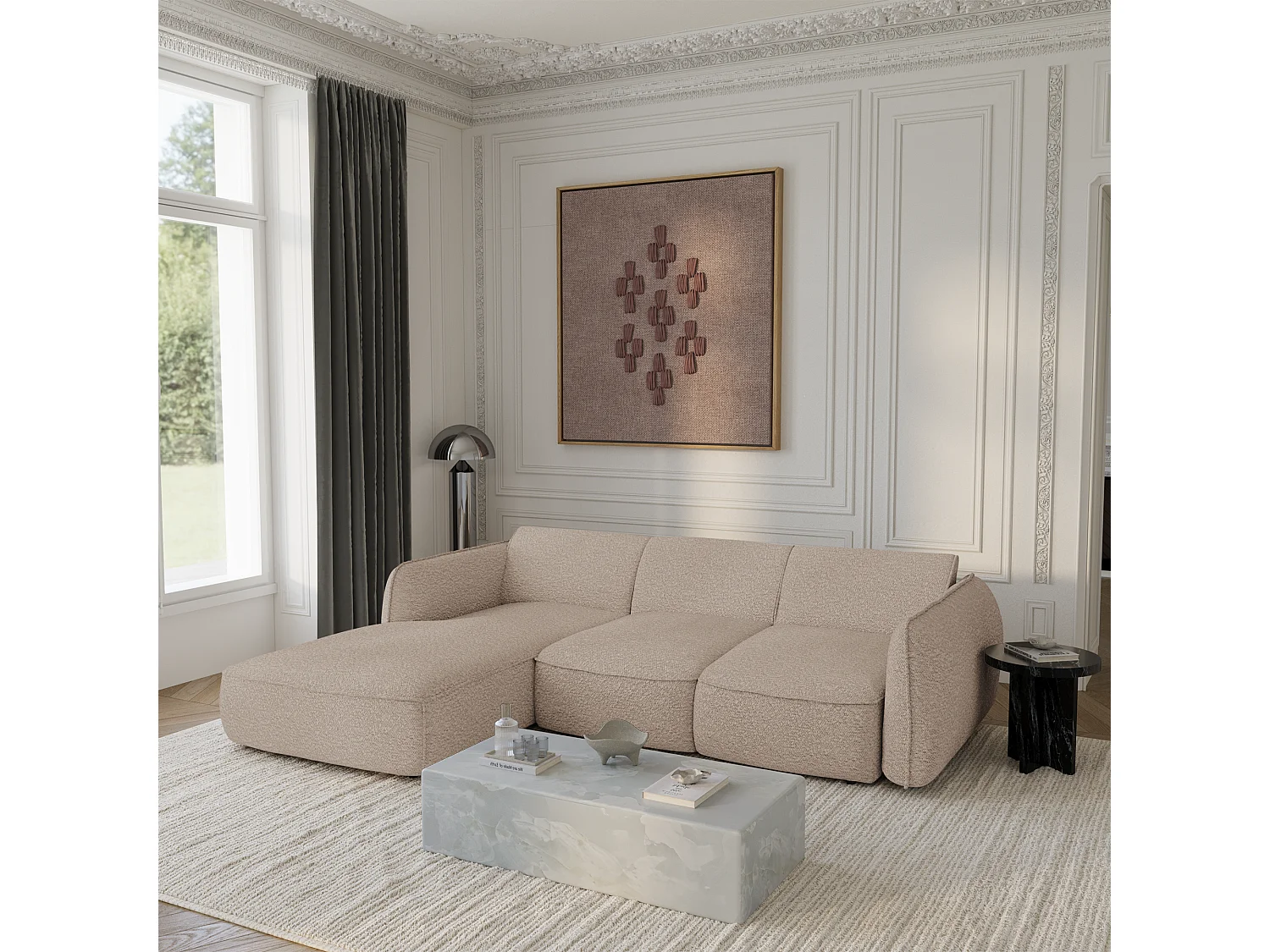 Canapé d'angle gauche convertible 4 places tissu bouclette beige LIVIA