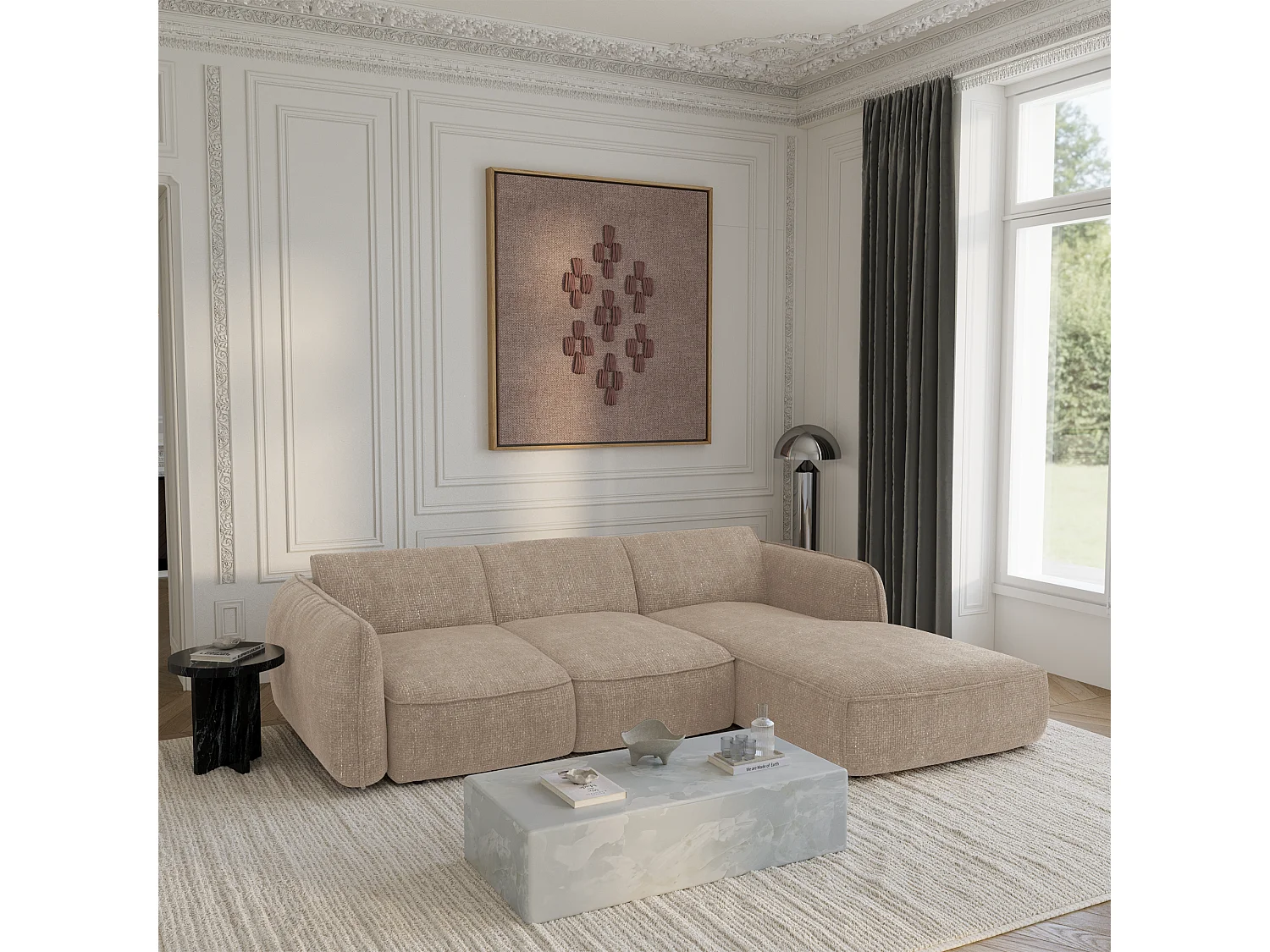 Canapé d'angle droit convertible 4 places velours tramé beige LIVIA