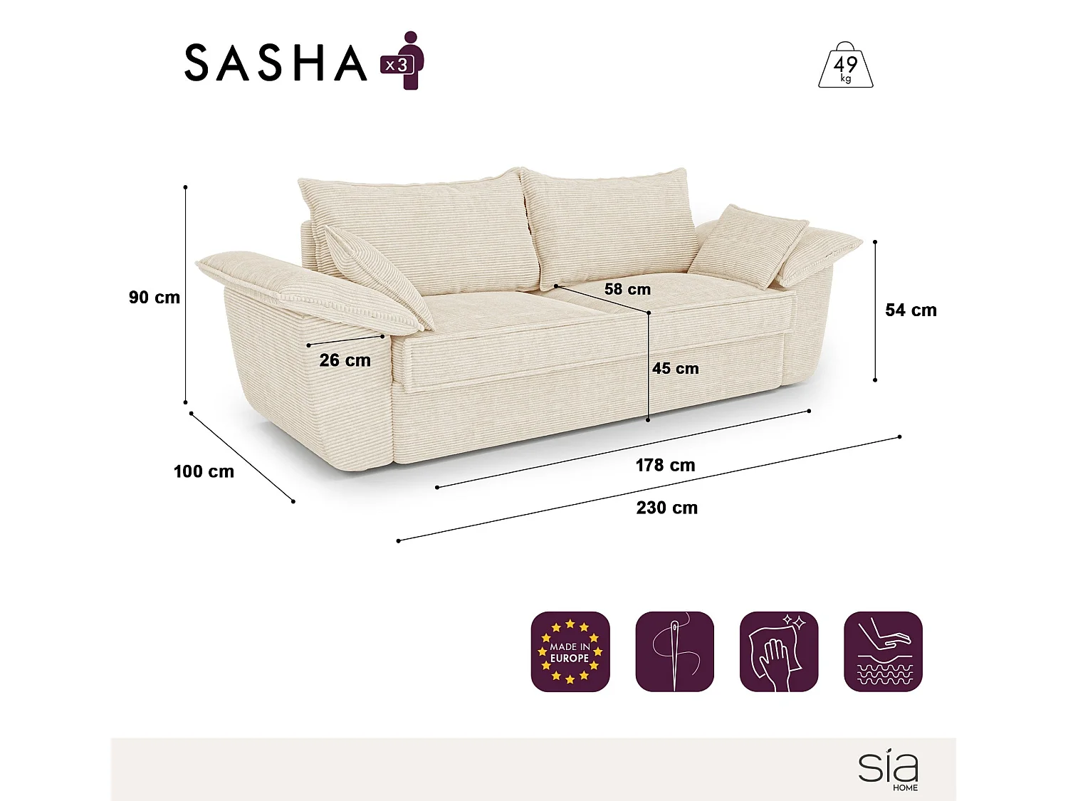 Canapé 3 places velours côtelé XXL crème 230cm SASHA