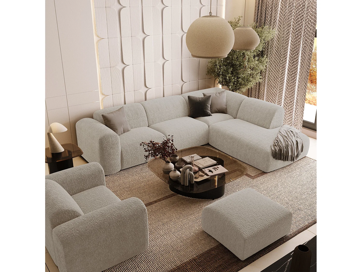 Canapé 5 places grand angle droit velours à motifs beige MYRA