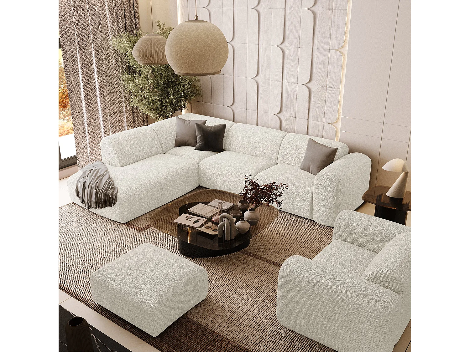 Canapé 5 places grand angle gauche bouclette crème MYRA