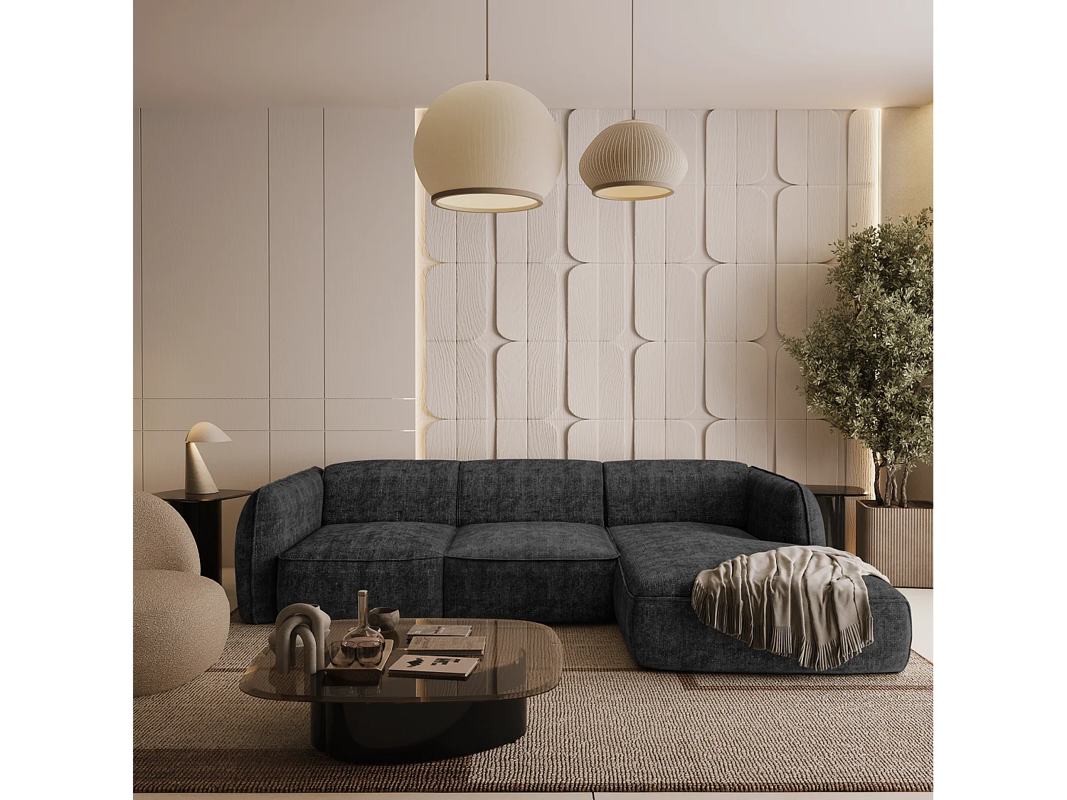 Canapé d'angle droit velours tramé anthracite foncé LIVIA