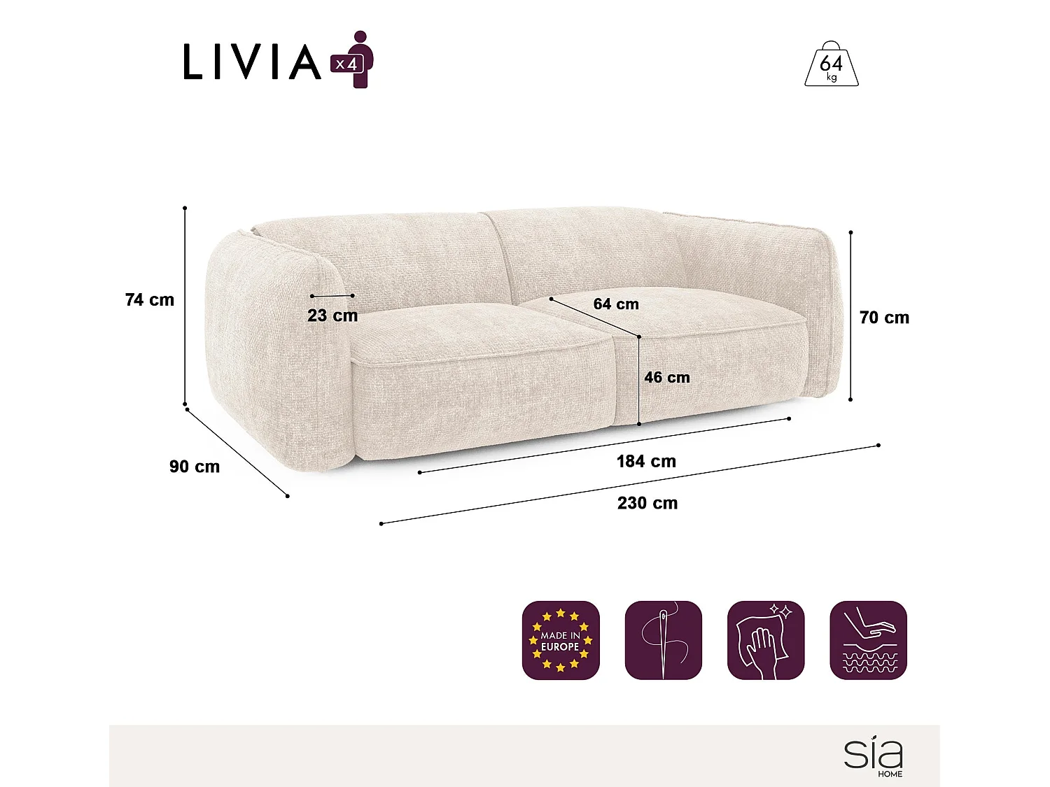 Canapé LIVIA 4 places en velours tramé anthracite foncé