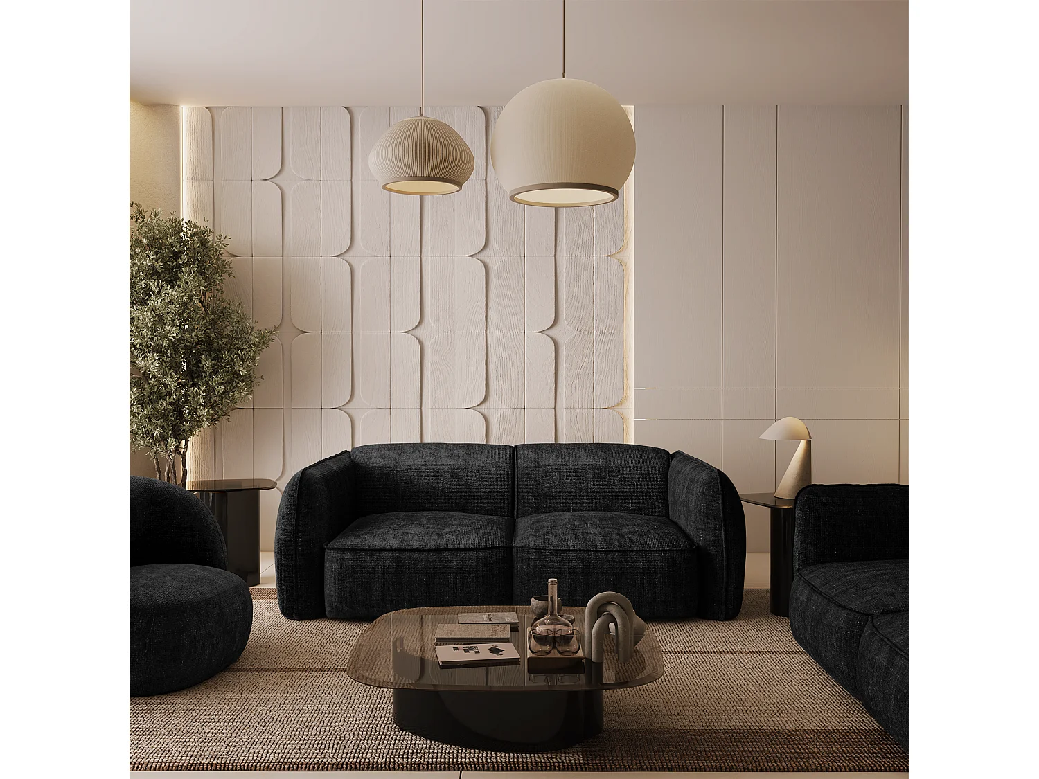 Canapé LIVIA 4 places en velours tramé anthracite foncé