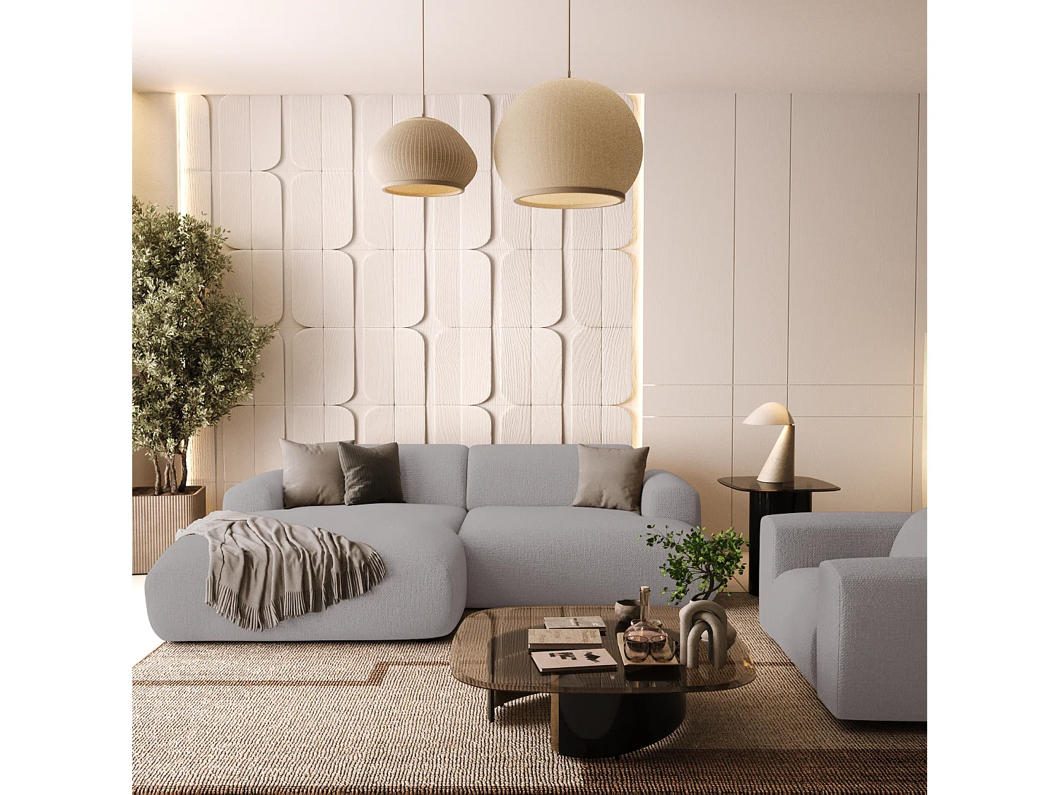 Canapé d'angle gauche 4 places tissu tramé gris clair 266cm MYRA